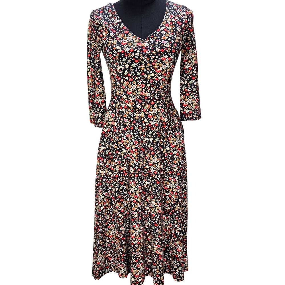 Women's Pact XS Ditsy Floral V-Neck Midi Dress Organic Cotton 3/4 Sleeve